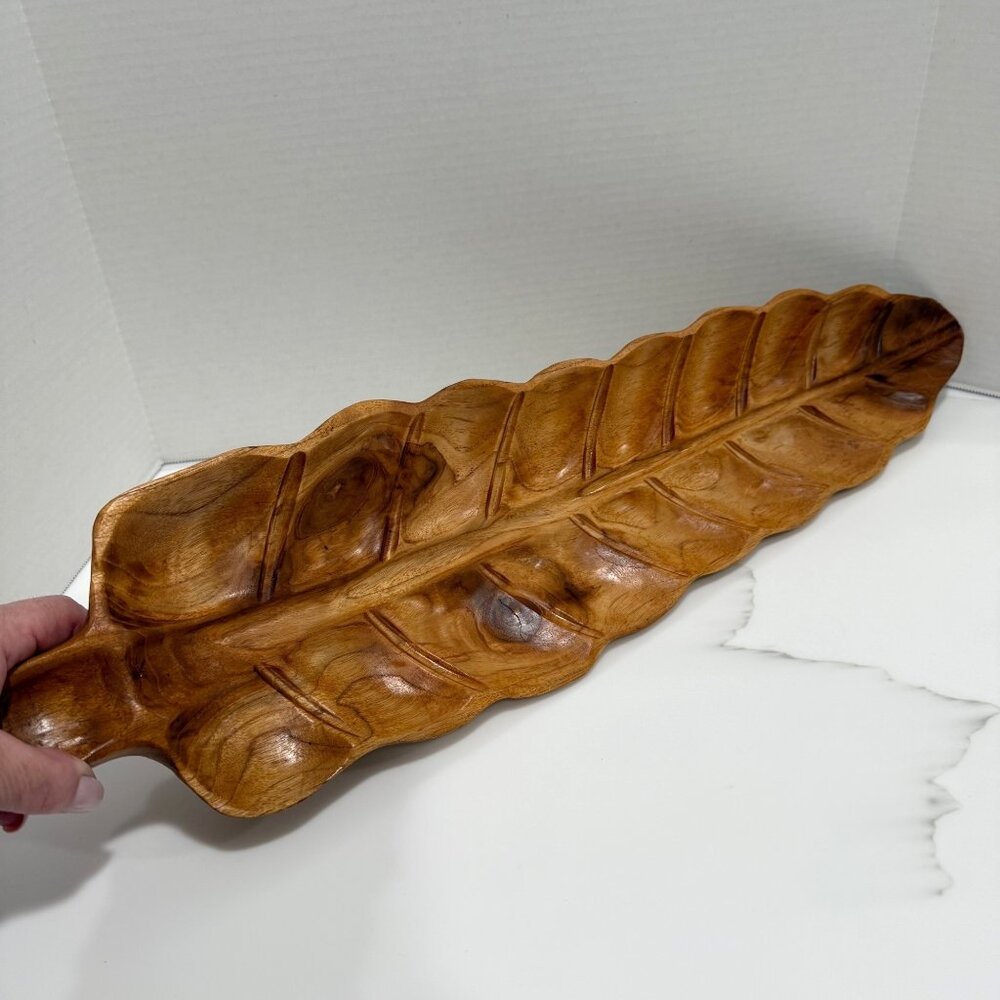VTG Hand‎ Carved Teak Leaf Shaped Serving Tray Board Trinket Dish Decor MCM Boho